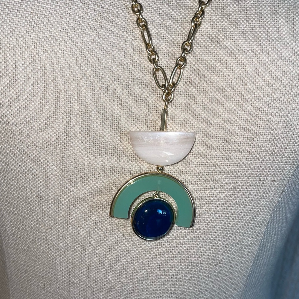 J Crew Gold Green Geometric Posts Dangle Necklace - image 2